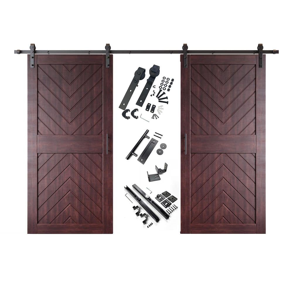 JT4 36 in. x 84 in. C-Panel Red Mahogany Fishbone Design Double Pine Wood Sliding Barn Door with Hardware Kit price history on PriceWatchPro