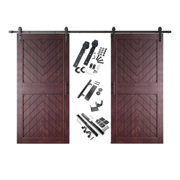 JT4 40 in. x 84 in. C-Panel Red Mahogany Fishbone Design Double Pine Wood Sliding Barn Door with Hardware Kit