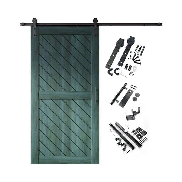 HOMACER XT2 32 in. x 80 in. C-Panel Royal Pine Slanted Stripe Design Solid Pine Wood Sliding Barn Door with Hardware Kit