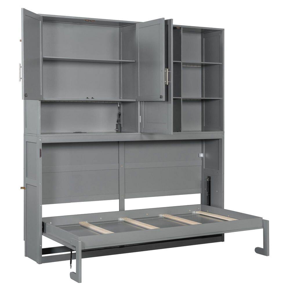White Wood Frame Twin Size Murphy Bed with Top Cabinet, Shelves, Space Saving Foldable Bed with Light & USB - thumbnail 10