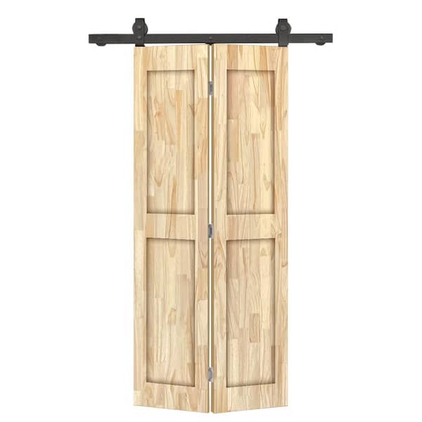 32 in. x 80 in. 2 Panel Shaker Hollow Core Unfinished Pine Wood Bi-fold Door with Sliding Barn Door Hardware Kit