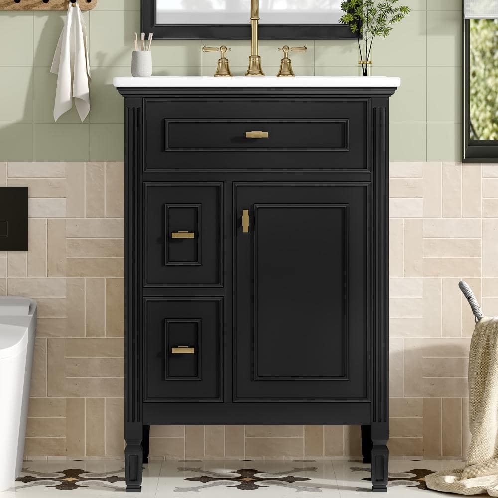 24 in.Single Sink Black Freestanding Bathroom Vanity,White Ceramic Top,Soft-Close Door,3 Drawers,Adjustable Shelf price history on PriceWatchPro