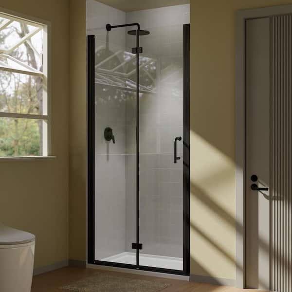 34 in. W x 72 in. H BiFold Frameless Shower Door in Matte Black with Clear Glass