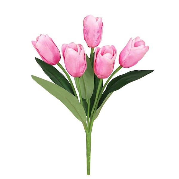 12 in. Light Pink Artificial Tulip Flower Stem Bush Bouquet (Set-6)