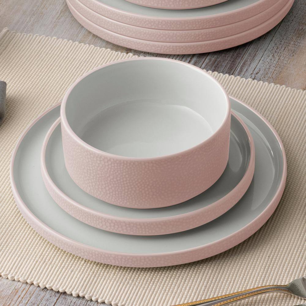 Blush and White Porcelain 12-Piece Textured Dinnerware Set