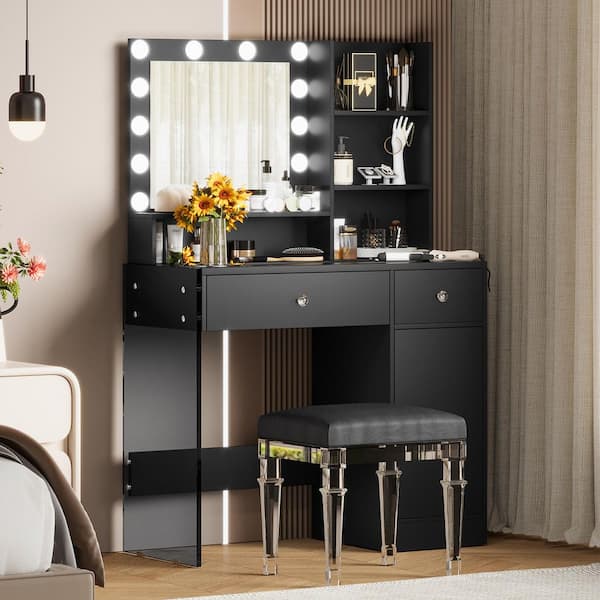 Black 35.4 in. W Makeup Vanity with Glass Top, Storage Shelves and 2 Drawers, Dresser with 3 Lighting Modes Mirror