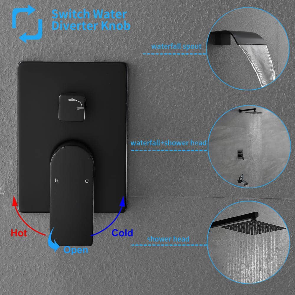 Matte Black Square Rain Shower Faucet Set with Lever Handle