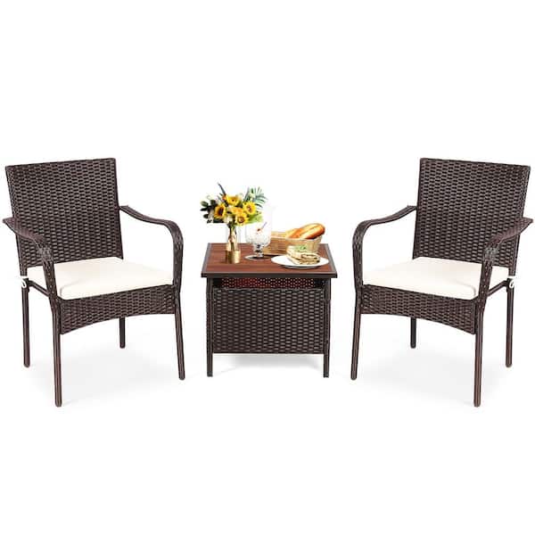 FORCLOVER 3-Pieces Rattan Patio Bistro Set with Wood Side Table and Stackable Chair and Beige Cushion