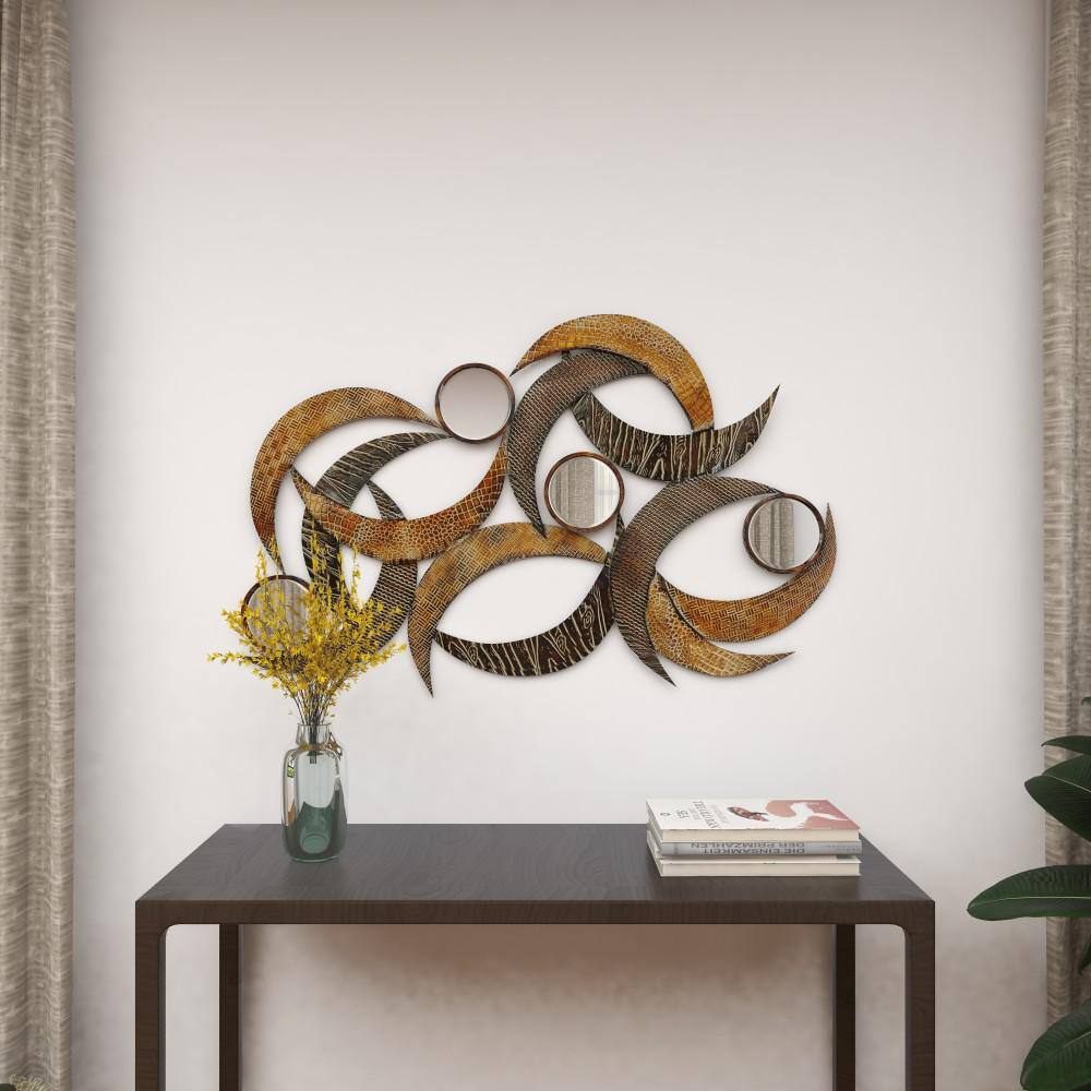 Beige and Brown Metal Crescent Moon Wall Sculpture with Mirrors