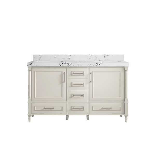 Willow Collections Hudson 60 in. Double Sink Freestanding Alabaster Bath Vanity with Viola Night Quartz Top Unassembled