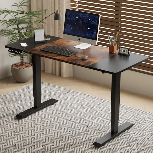 Lioba 55.1 in. Black+Brown Electric Adjustable Height Standing Desk with Wood Tabletop, Metal Legs, Double Beam