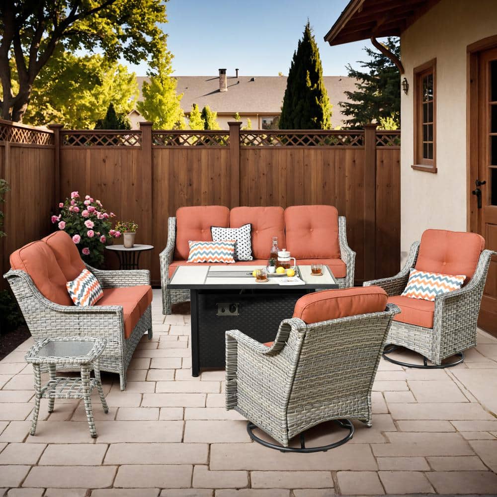 Eureka Gray 6-Piece Wicker Outdoor Patio Conversation Sofa Loveseat Set with a Metal Fire Pit and Red Cushions price history on PriceWatchPro