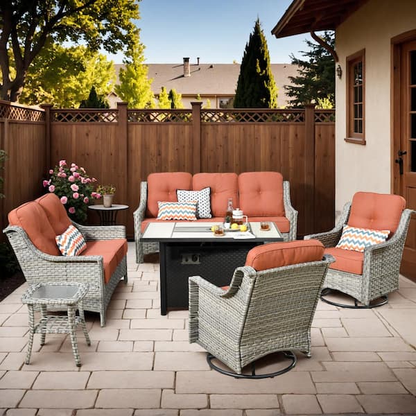 Toject Eureka Gray 6-Piece Wicker Outdoor Patio Conversation Sofa Loveseat Set with a Metal Fire Pit and Red Cushions