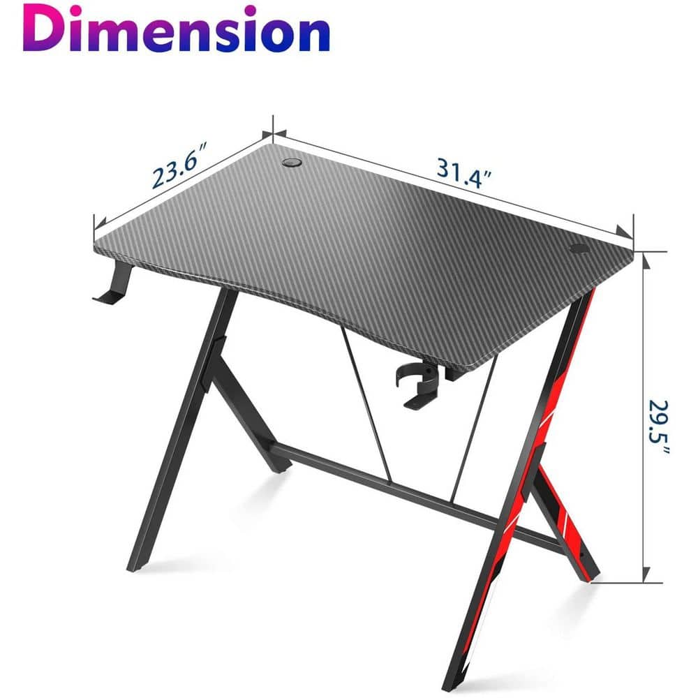 31-Inch Black Carbon Fiber Gaming Desk with Cup Holder and Headphone Hook