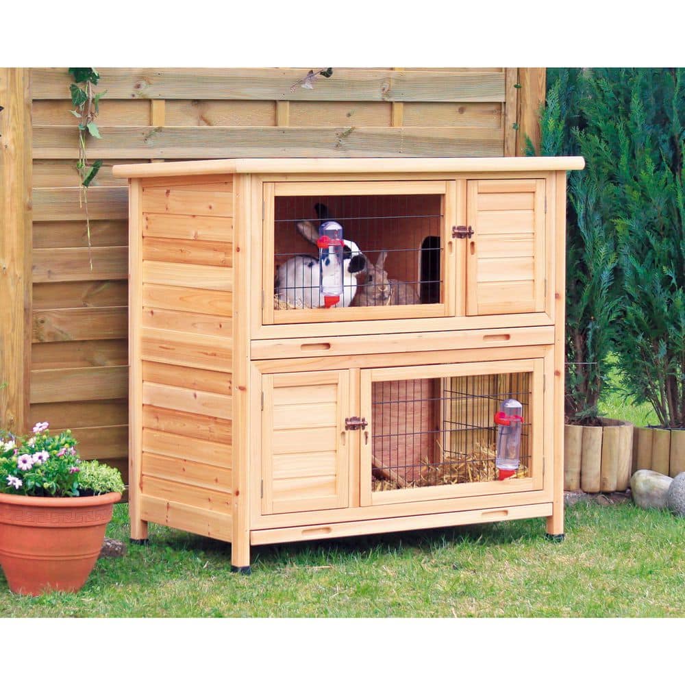 Natural Wooden 2-Story Guinea Pig and Rabbit Hutch with Ramp
