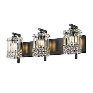 Thery 25.5 in. 3-Light Black Modern Glam Rectangular Crystal Bathroom Vanity Lights for Mirror w/Crystal Shade