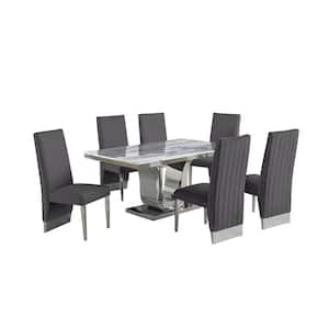 Ada 7-Piece White Marble Top with Stainless Steel Base Table Set with 6-Dark Grey Velvet, Nail Head Trim Chairs