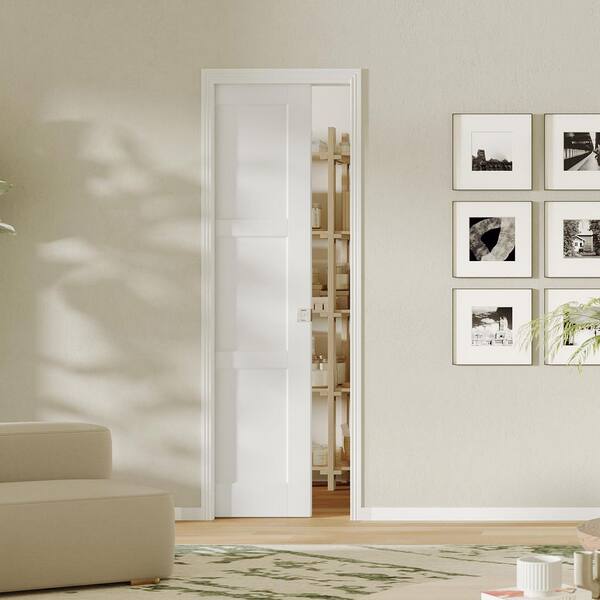 TENONER 32 in. x 80 in. 3-Panel White Primed Pine Wood Sliding