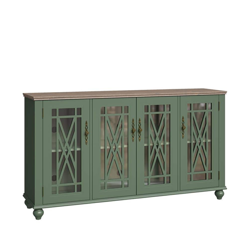 Green Vintage Style Wood Buffet Sideboard Cabinet with Glass Doors