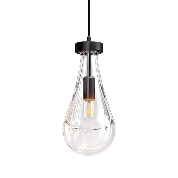 60-Watt 1-Light Black Shaded Luxury Raindrop Pendant with Teardrop Clear Glass Shade, No Bulbs Included