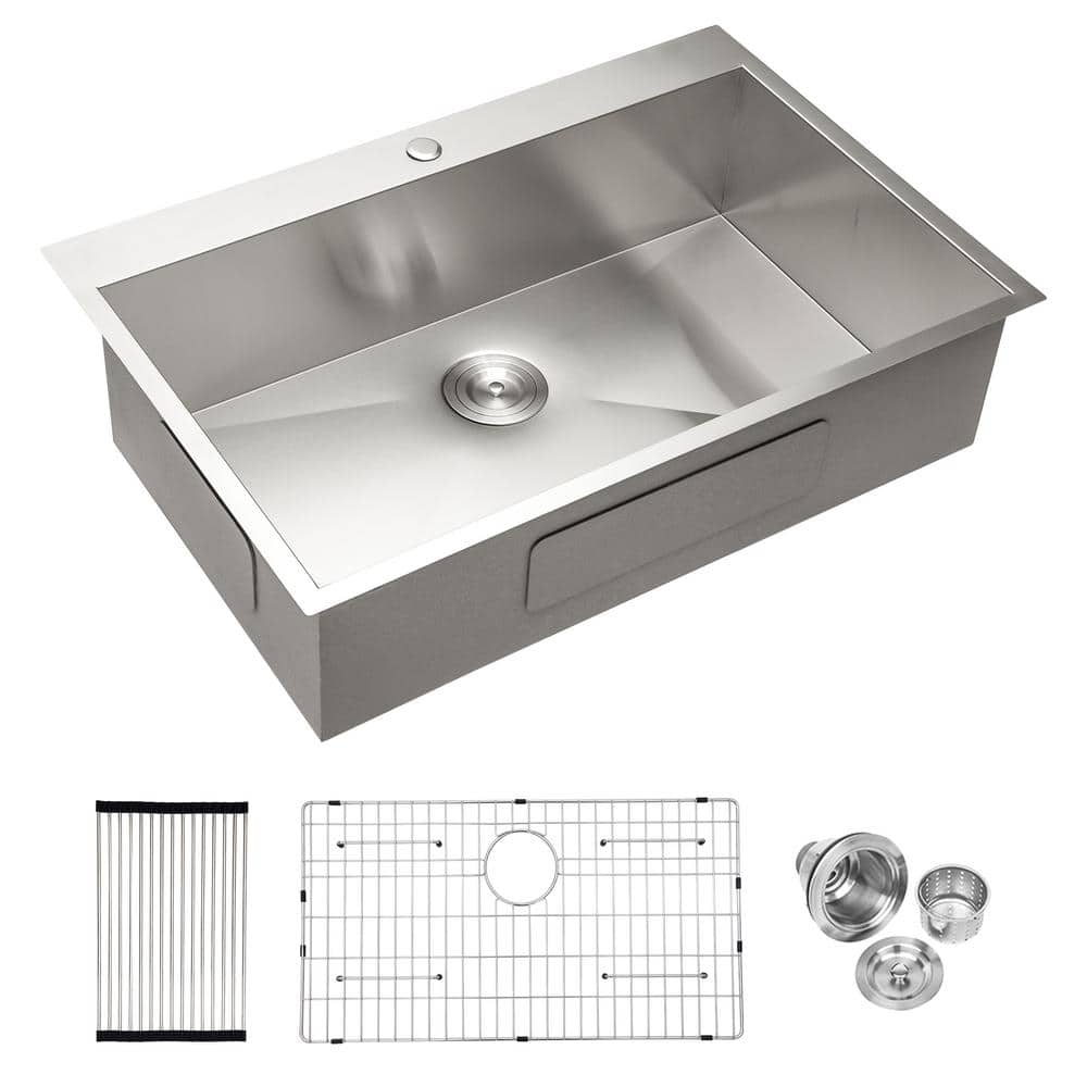 28 in. Drop-In Single Bowl 18 Gauge Brushed Nickel Stainless Steel Kitchen 