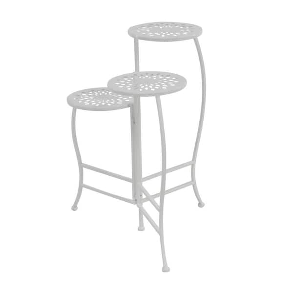 24 in. White Metal Floral Indoor Outdoor 3 Tier Plantstand