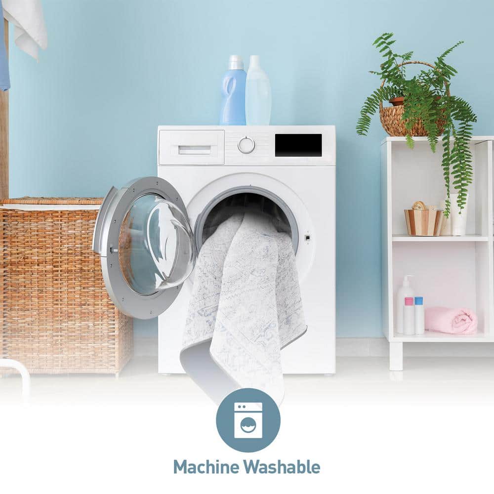 Blue Flat-Woven Medallion Machine-Washable Non-Slip Area Rug