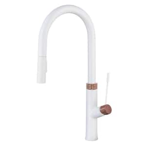 Single Handle Wall Mount Gooseneck Pull Down Sprayer Kitchen Faucet in White