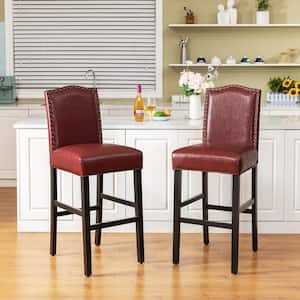 45 in. H Red High Back Solid Rubberwood Frame Upholstered PU Bar Stool with Studded Decor (Set of 2)