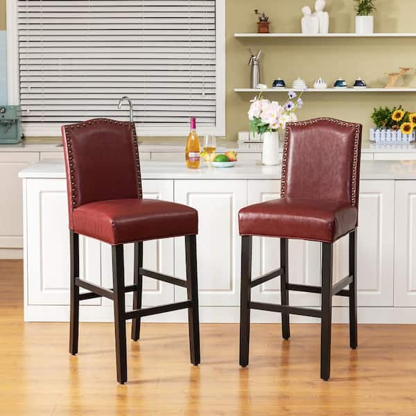 Glitzhome 45 in. H Red High Back Solid Rubberwood Frame Upholstered PU Bar Stool with Studded Decor (Set of 2)