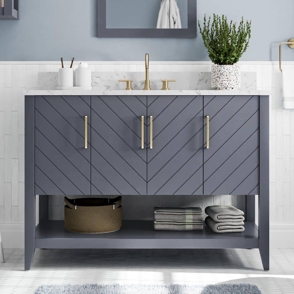 Home Decorators Collection Baybarn 48 in. W x 22 in. D x 35 in. H Bath Vanity in Blue Ash with Engineered Carrara Top and Sink