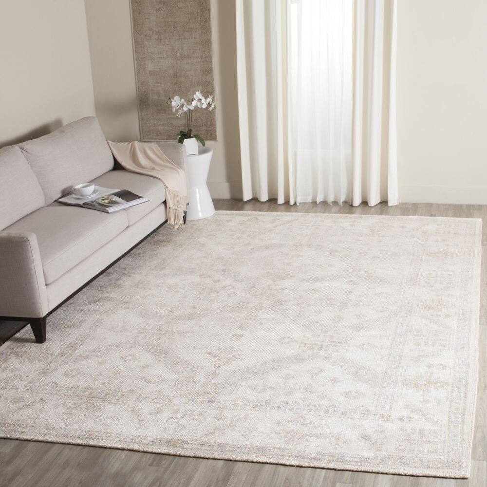 Beige and Blue Hand-Knotted Wool and Silk 9' x 12' Rug