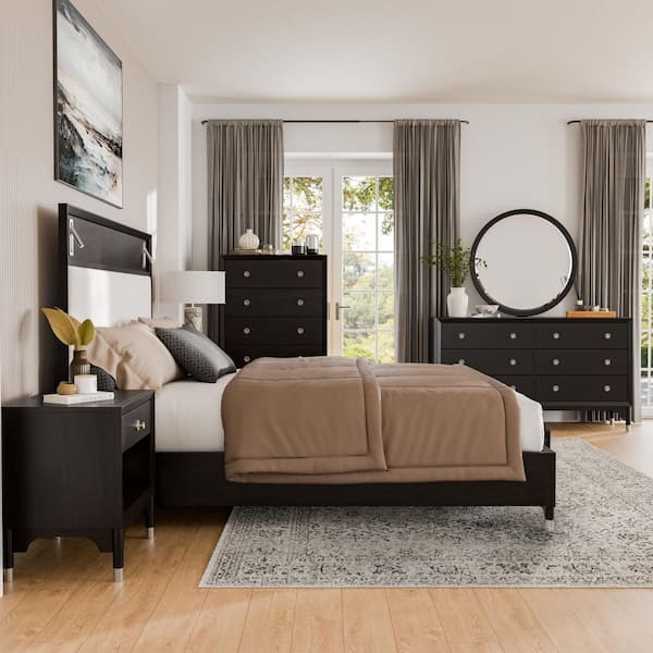 Forma 6-Piece Mid Century Black Wood King Platform Bedroom Set with Reading Lights