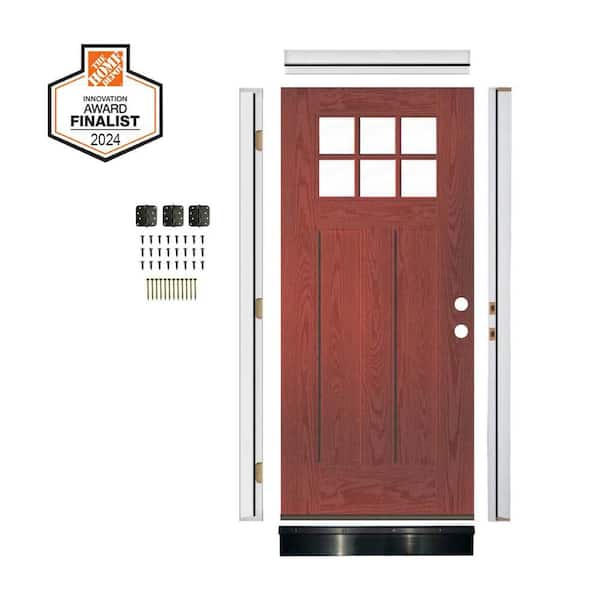 DIY RTA KIT 36in.x80in. Craftsman 6-Lite Clear Glass Left-Hand Redwood Stain Fiberglass Ready To Assemble Front Door
