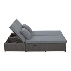 Gray Wicker Rattan Outdoor Patio Reclining Double Day Bed Chairs with Adjustable Backrest and Seat with Cushion in Gray