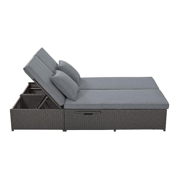 Unbranded Gray Wicker Rattan Outdoor Patio Reclining Double Day Bed Chairs with Adjustable Backrest and Seat with Cushion in Gray