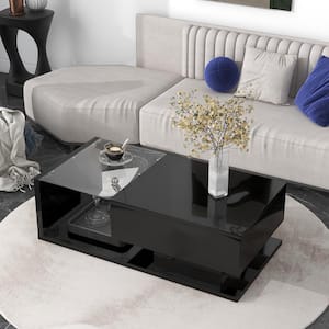 Modernist 39.3 in. Black Rectangle Wood Coffee Table with Drawer, Tempered Glass, High-Gloss UV Surface