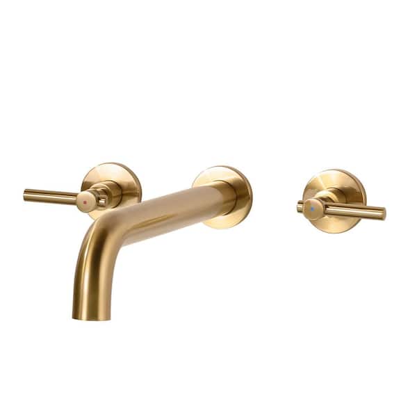 AVITAS Modern Double Handle Solid Brass Wall Mount Roman Tub Faucet with High Flow Rate Spout in Brushed Gold