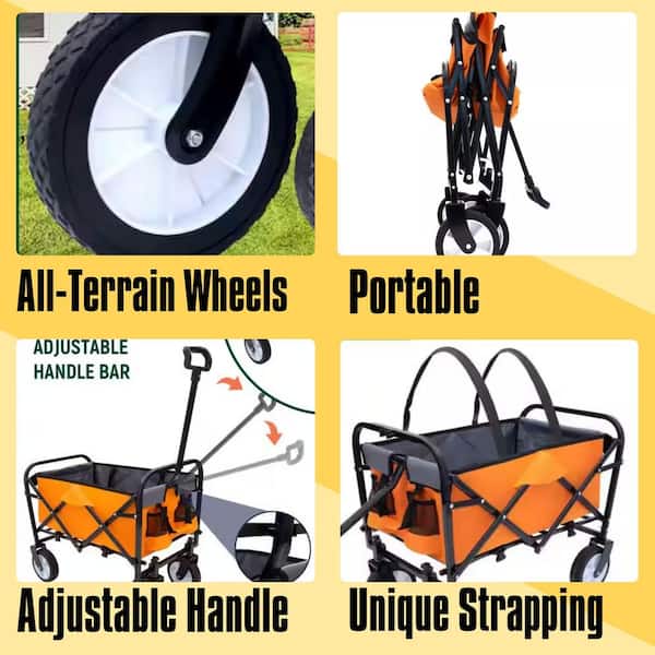 2 cu. ft. Steel Frame Outdoor Garden Cart Support 225 lbs. Waterproof Fabric Folding Wagon With Fixed Belt, Orange