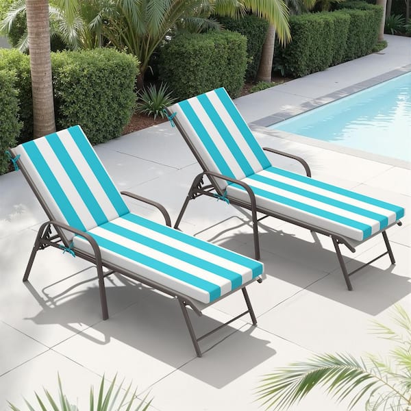 2-Piece Aluminum Adjustable Outdoor Chaise Lounge in Champagne with Patio Chaise Cushions in Blue and White Stripe