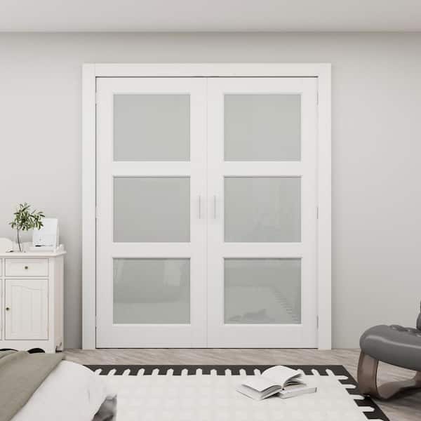 64 in. x 80 in. 3 Lite Frosted Glass White Solid Core Finished Glass Double Slab Door Panel Bi-Fold Door with Ball Catch