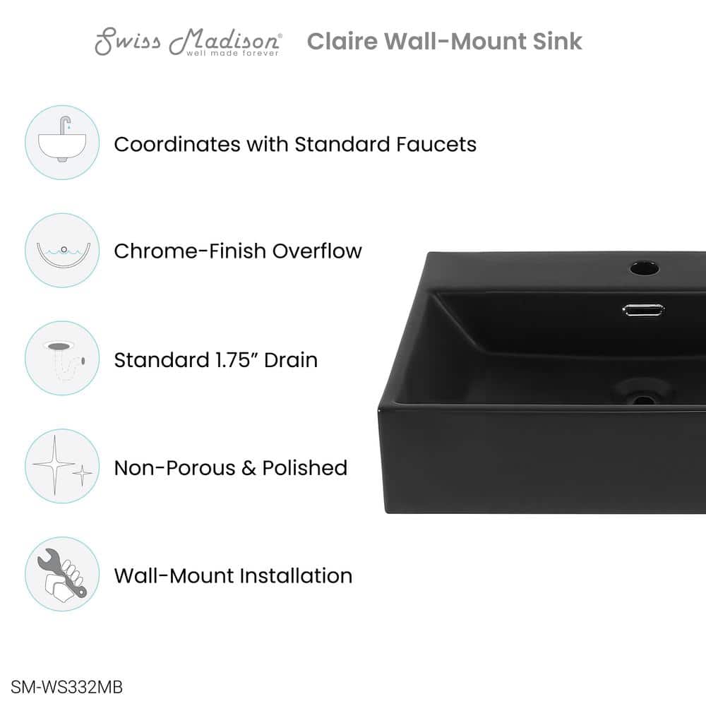 Claire 24" Matte Black Ceramic Wall-Mount Bathroom Sink