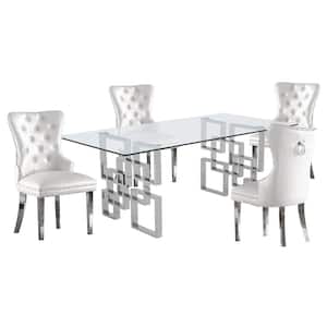 Dominga 5-Piece Glass Top with Stainless Steel Set with 4 White Faux Leather Chairs.
