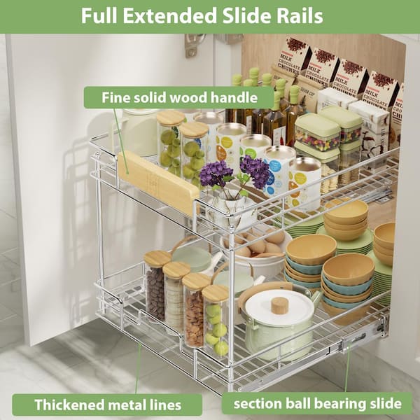 HOMEIBRO Space Saver Silver Metal Pull-Out Organizer for Kitchen Wooden Handle Slide Out Storage