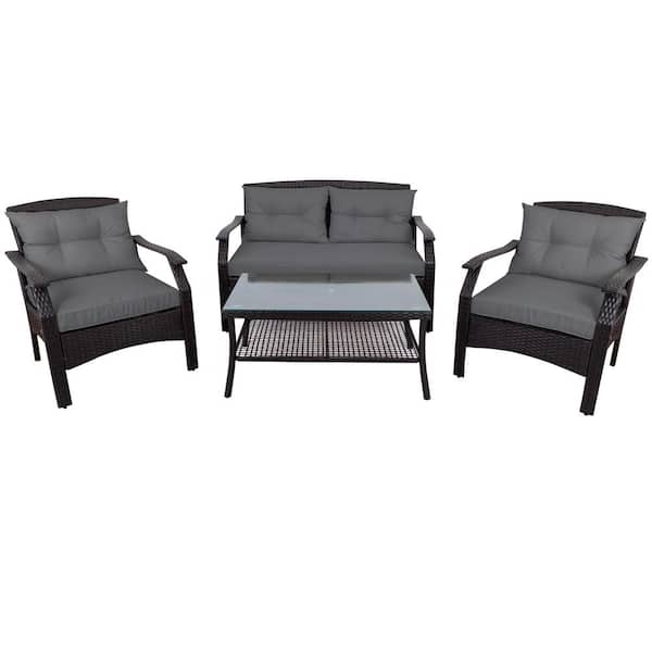 URTR 4-Piece Patio Furniture Outdoor Rattan Conversation Set Sectional Sofa Set with Glass Table for Backyard, Gray Cushion