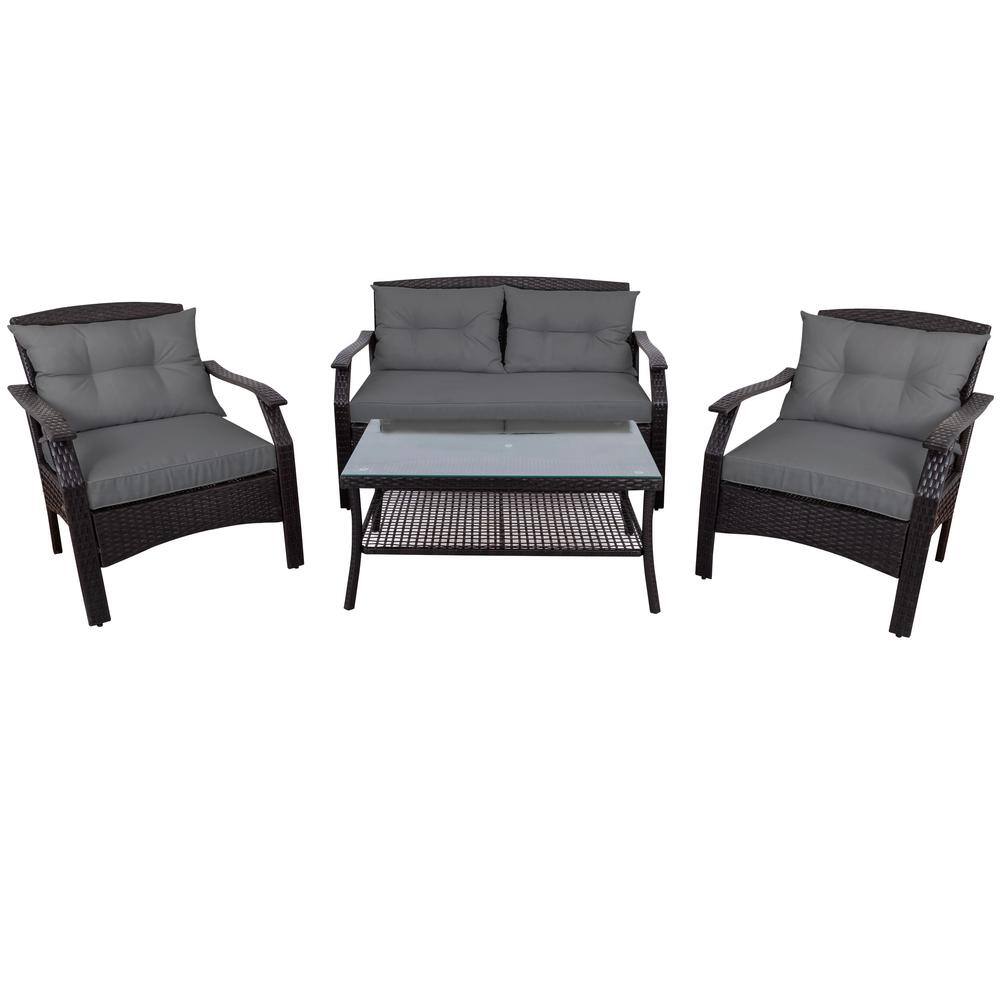 FORCLOVER 4 Piece Wicker Patio Conversation Set with Gray Cushions UST 714PE The Home Depot