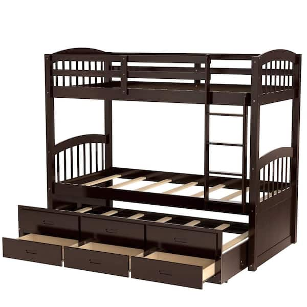 URTR 80.7 in. L Twin Over Twin Wood Bunk Bed with Ladder, Trundle