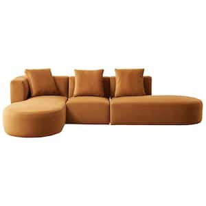 Urban 124 in. Square Arm 3-Piece L Shaped Velvet Modern Sectional Sofa in Cognac Brown