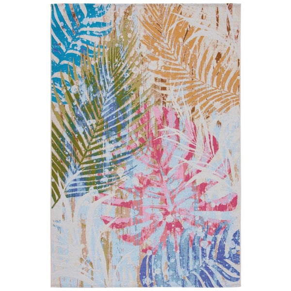 Summer Blue/Beige 9 ft. x 12 ft. Geometric Palm Leaf Indoor/Outdoor Area Rug
