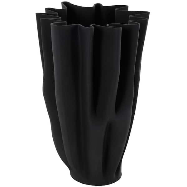 Litton Lane Black Dimensional Ribbed Tulip Ceramic Abstract Decorative Vase with Angular Rim